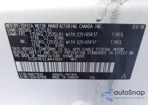 2018 Toyota Rav4 Le z USA, uszkodzony, nr VIN 2T3ZFREV2JW443004